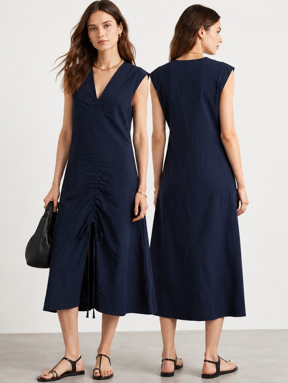NWT KALLMEYER Navy Ruched Front Sleeveless Midi Maxi Dress Linen Rayon